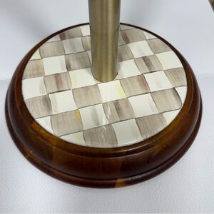 MacKenzie-Childs Cream, Taupe & Brown Checked Ceramic Pedestal with Wood Base